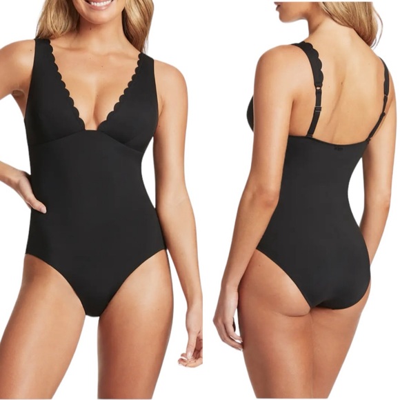 Sea Level Other - Sea Level Tummy Control Scalloped Plunge One Piece Swimsuit Black Size 8 NWT